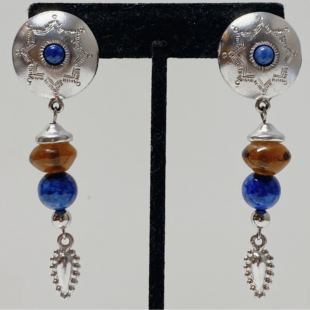 Vintage Sterling Silver Blue Lapis Lazuli Amber Navajo Concho Drop Earrings